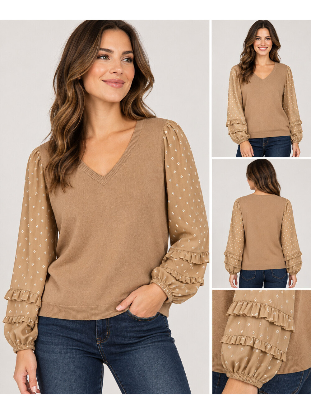 Adrianna Papell Womens Medium Tan Sweater Blouse V Neck Ruffle Balloon Sleeve